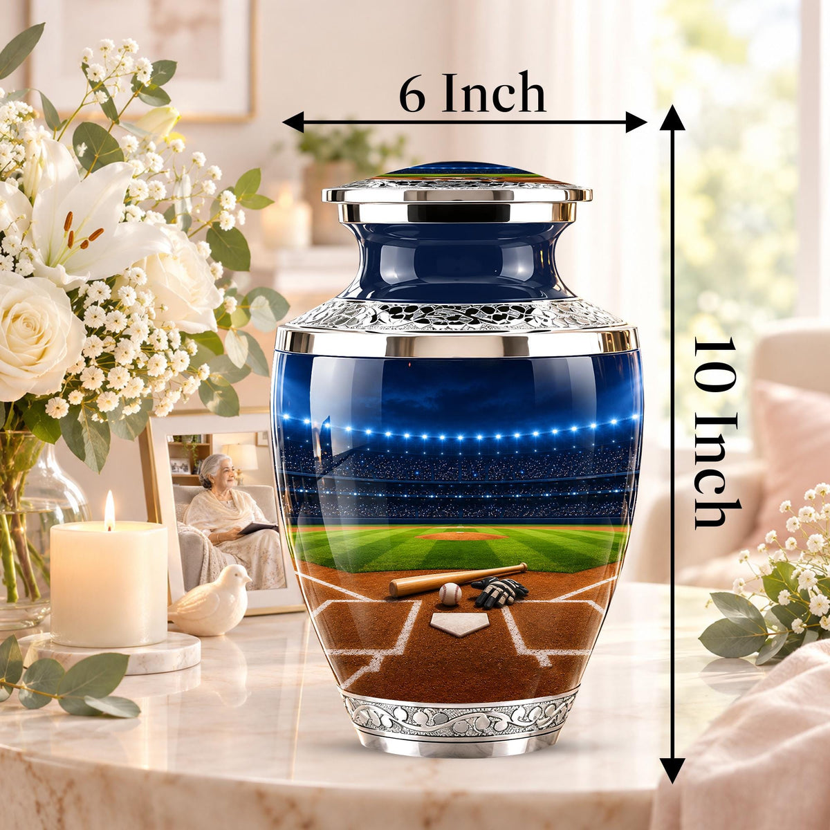 Baseball Cremation Urn for Ashes - Silver Baseball Stadium Memorial Urn