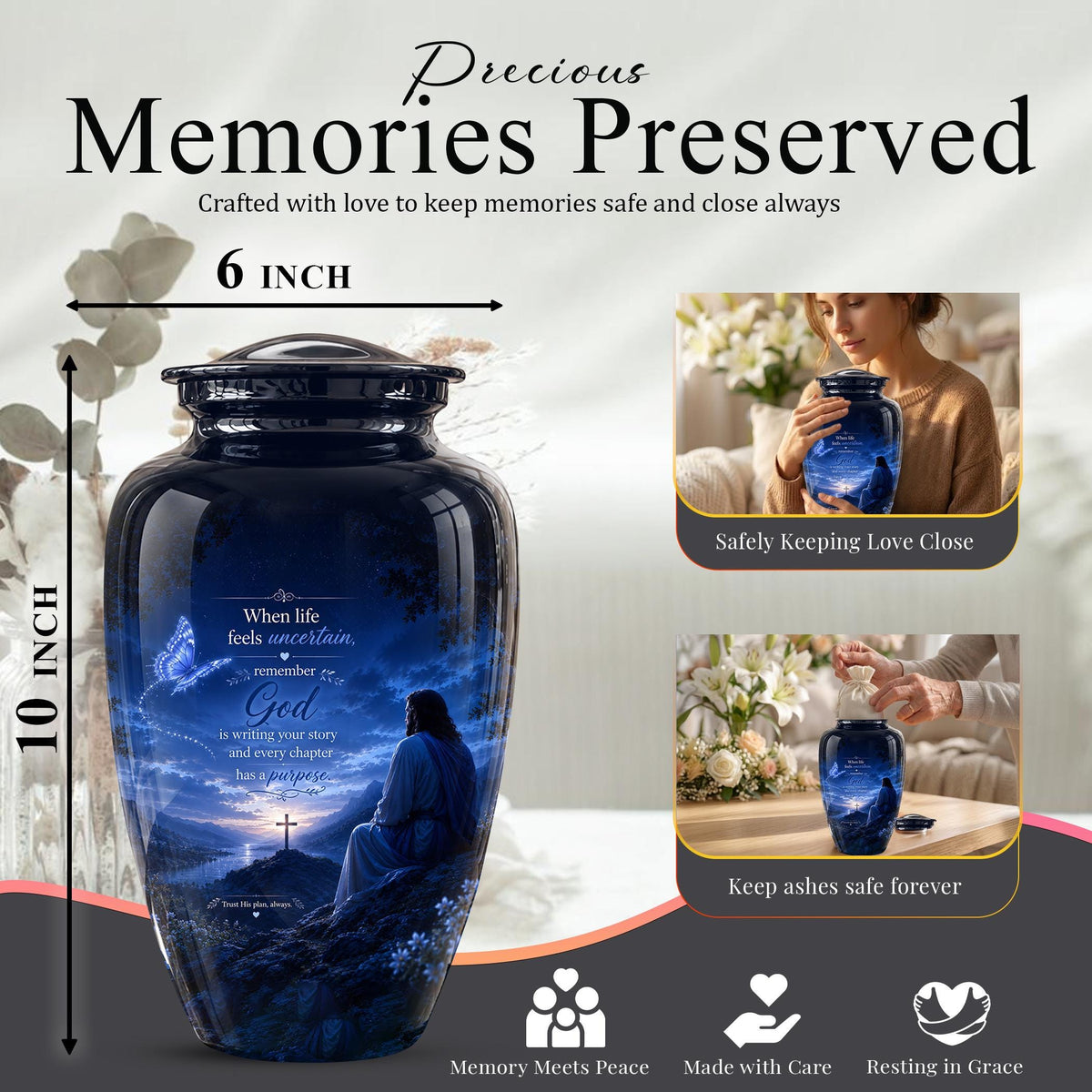 Personalized Jesus Cremation Urn for Ashes, Christian Memorial Urn - In Loving Memory Religious Tribute