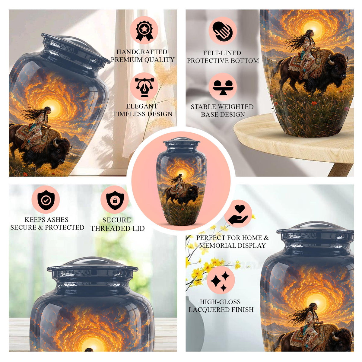 Personalized Native American Cremation Urn for Ashes - Buffalo Bison Memorial Urn