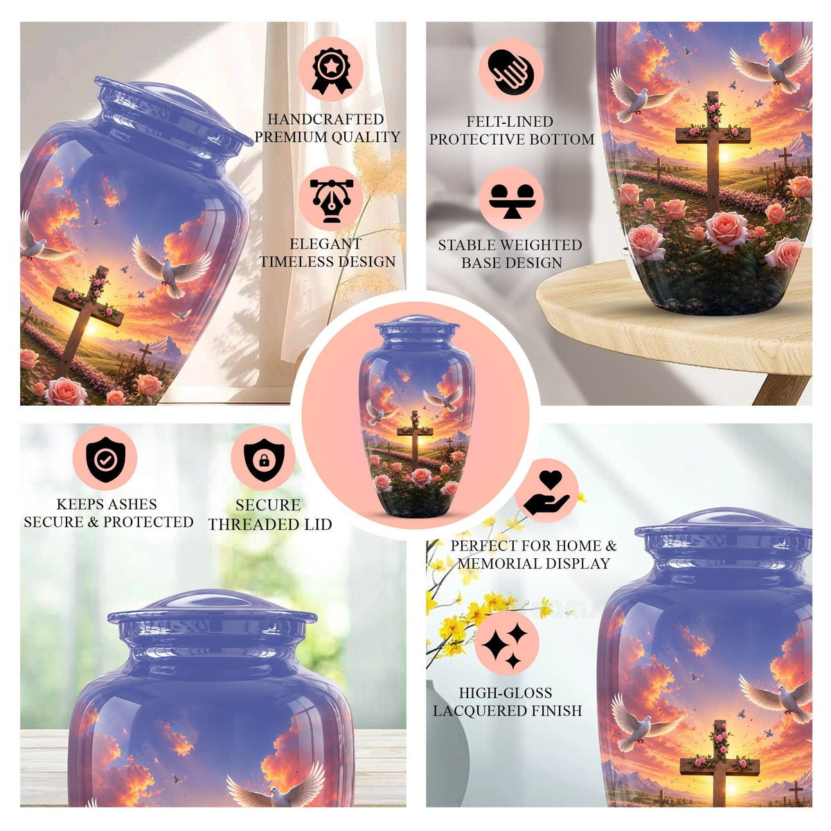Faith Memorial Ashes Keepsake - Cross Dove Sunset Art