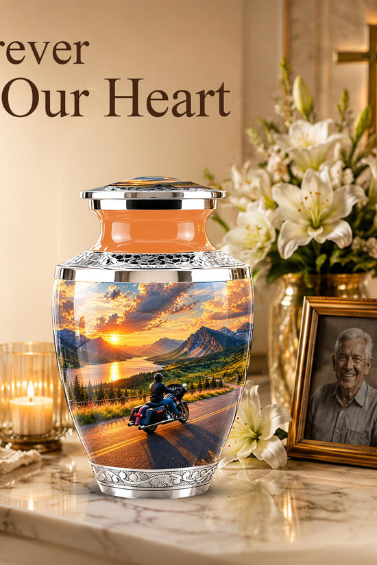 Personalized Motorcycle Cremation Urn, Mountain Road Sunset Rider Memorial