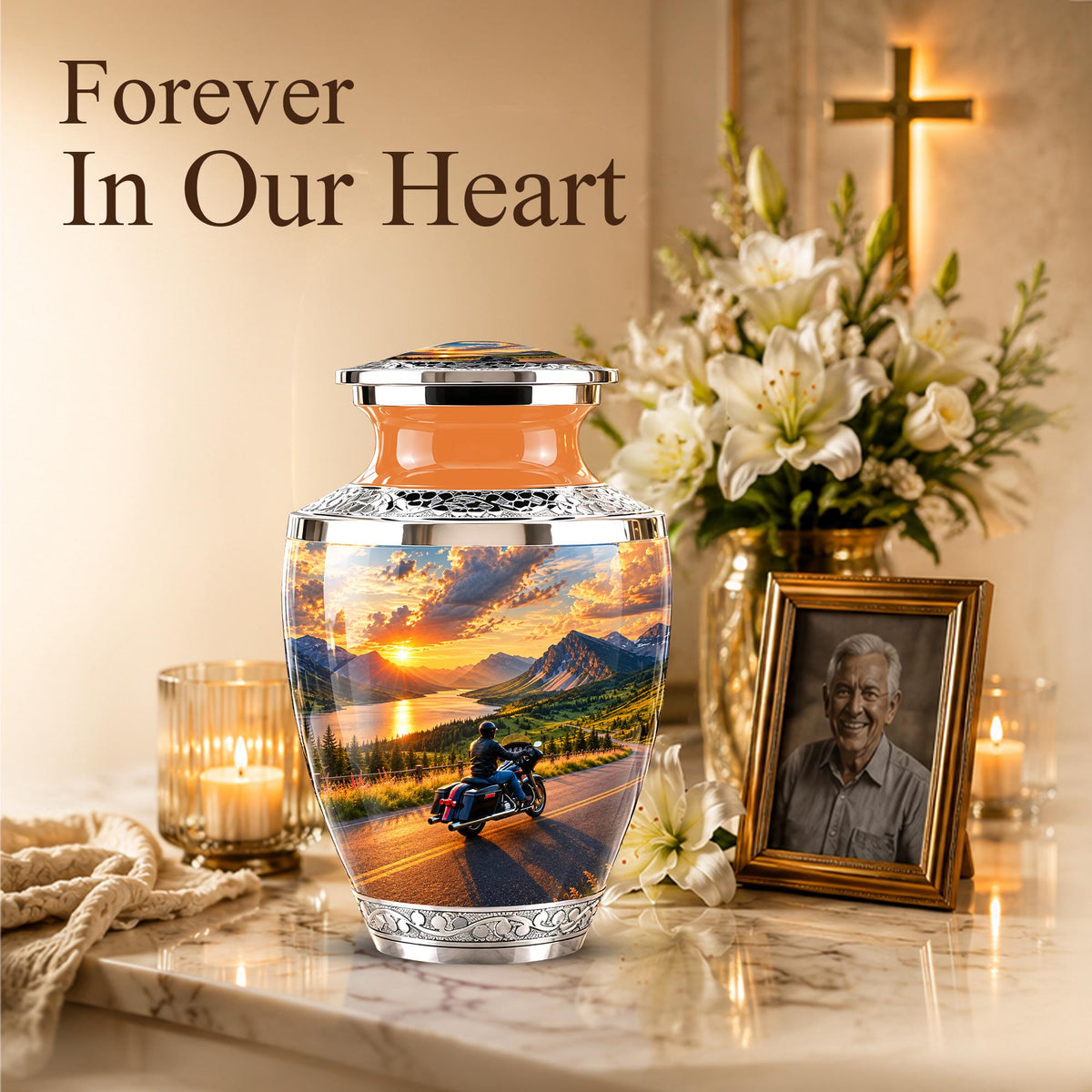 Personalized Motorcycle Cremation Urn, Mountain Road Sunset Rider Memorial