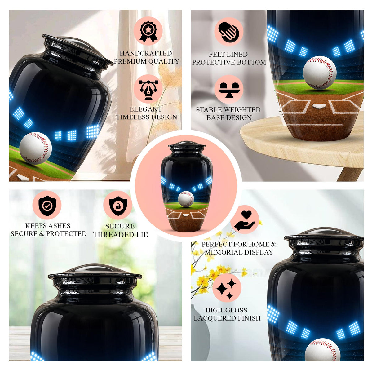 Baseball Cremation Urn for Ashes - Baseball Memorial Urn with Ball and Stadium Lights