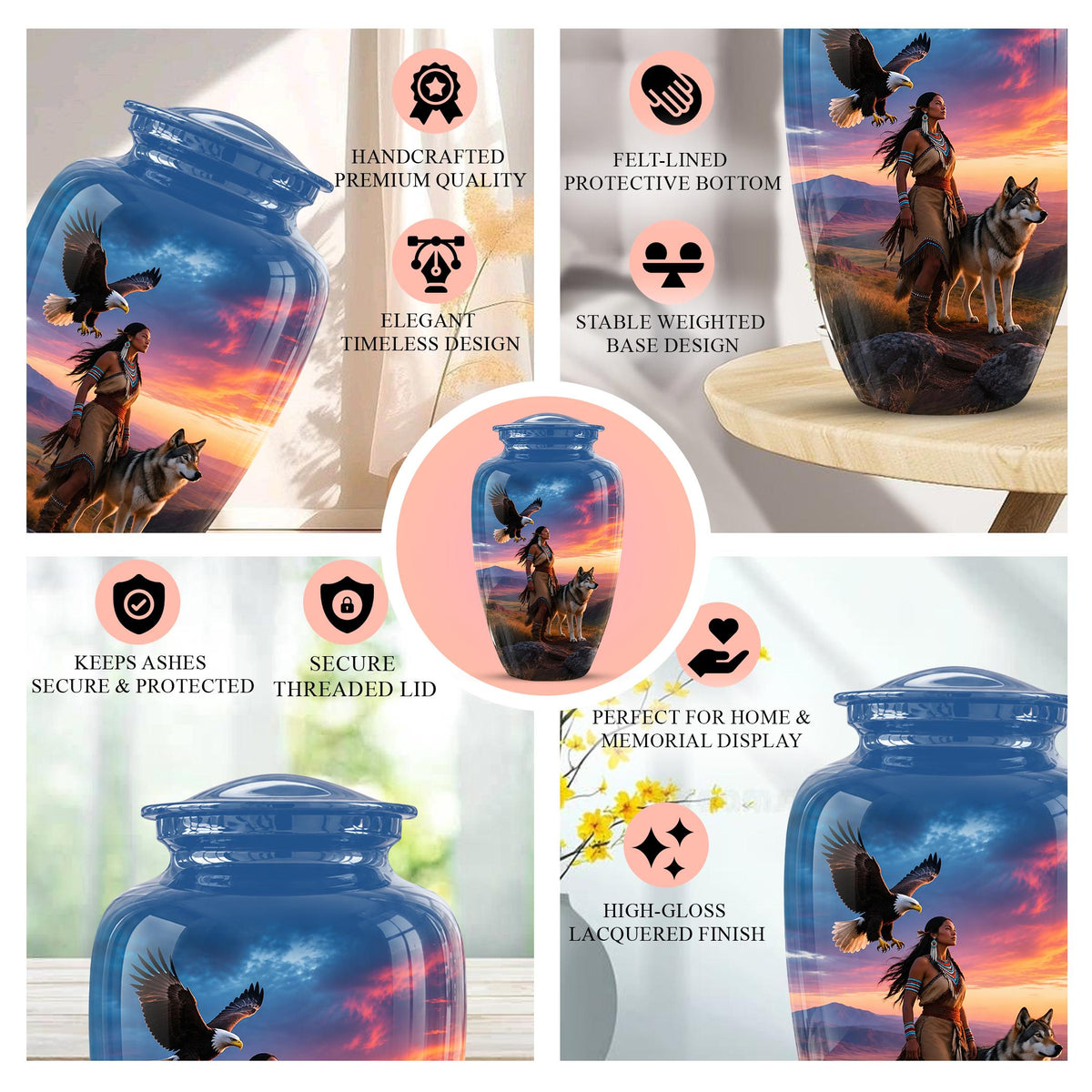 Personalized Native American Cremation Urn for Ashes - Eagle & Wolf Memorial Urn, Custom Human Ashes Urn, Spiritual Funeral Urn