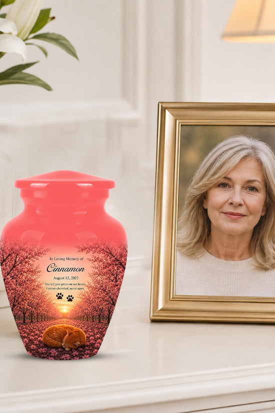 Personalized Pink Cat Memorial Urn, Sleeping Cat Keepsake, Pet Ashes (Custom Name)