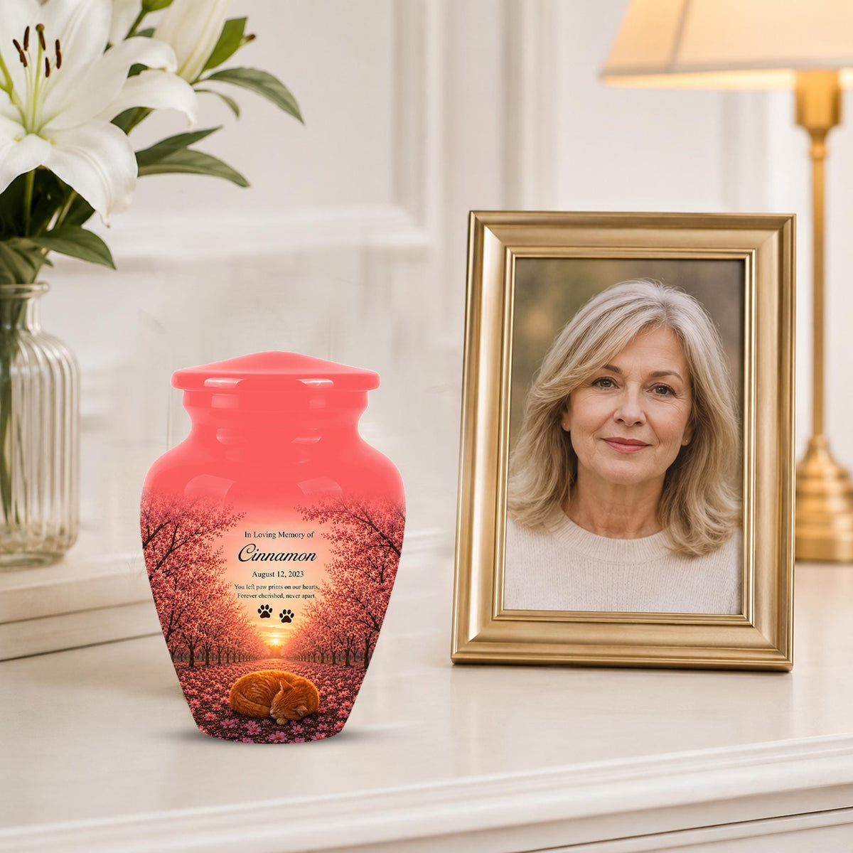 Personalized Pink Cat Memorial Urn, Sleeping Cat Keepsake, Pet Ashes (Custom Name)