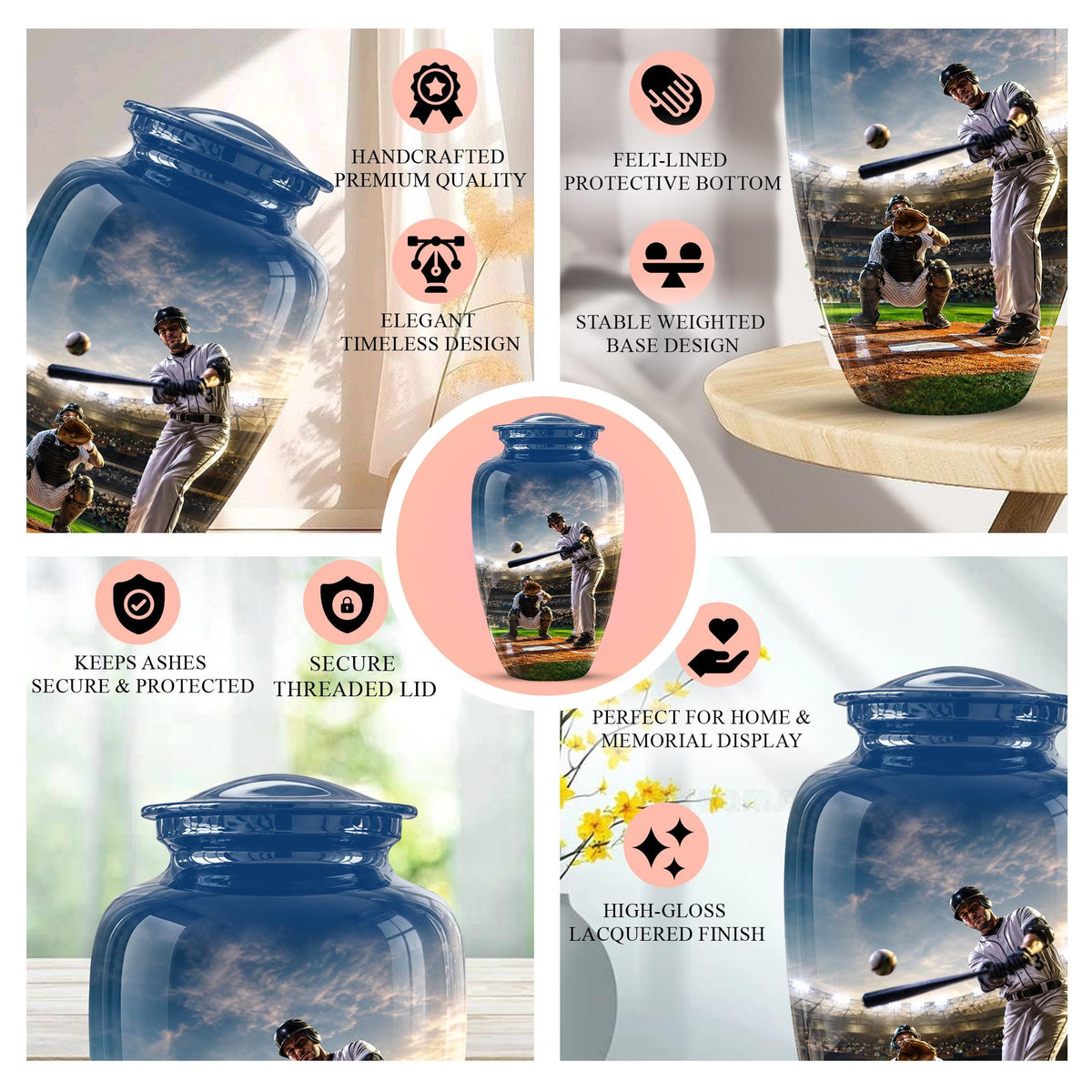 Baseball Cremation Urn for Ashes - Baseball Batter and Catcher Memorial Urn