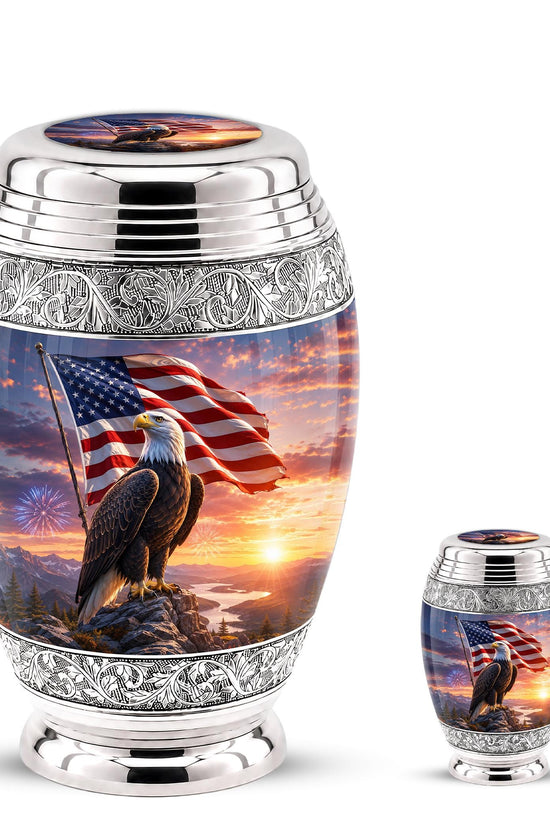 American Flag Eagle Cremation Urn for Ashes - Silver Patriotic Bald Eagle Memorial Urn