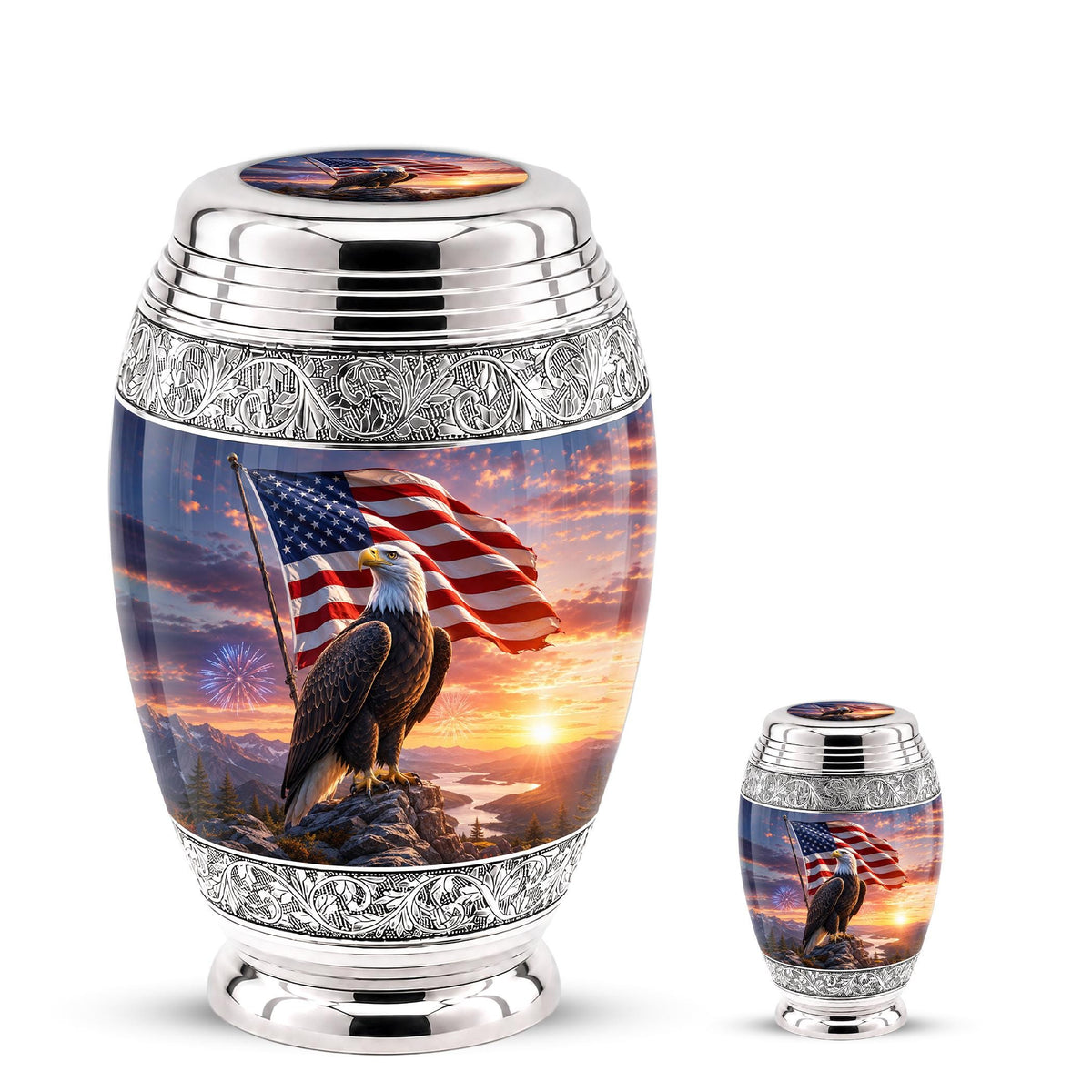 American Flag Eagle Cremation Urn for Ashes - Silver Patriotic Bald Eagle Memorial Urn