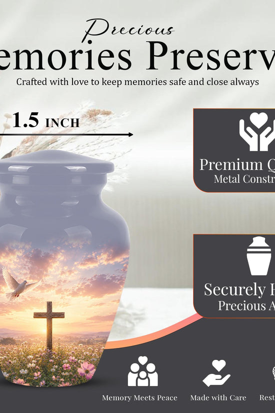Personalized Christian Cross Urn | Dove, Sunrise, Wildflowers Memorial Keepsake