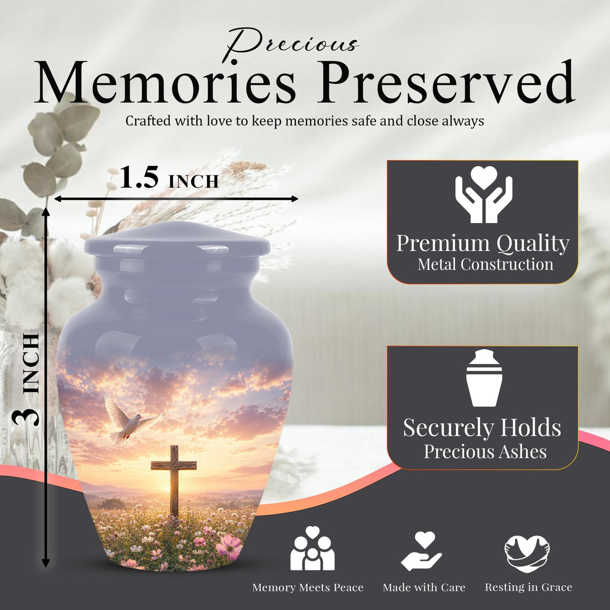 Personalized Christian Cross Urn | Dove, Sunrise, Wildflowers Memorial Keepsake