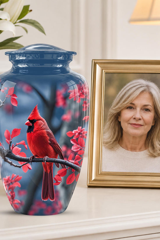 Red Cardinal Cremation Urn, Adult Memorial Keepsake, Vibrant Bird Artwork