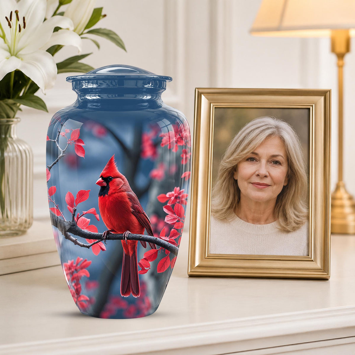 Red Cardinal Cremation Urn, Adult Memorial Keepsake, Vibrant Bird Artwork