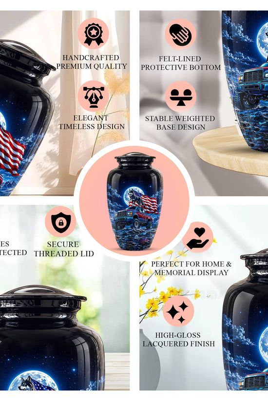 Personalized  Wolf Truck Cremation Urn, Patriotic American Flag Memorial Tribute