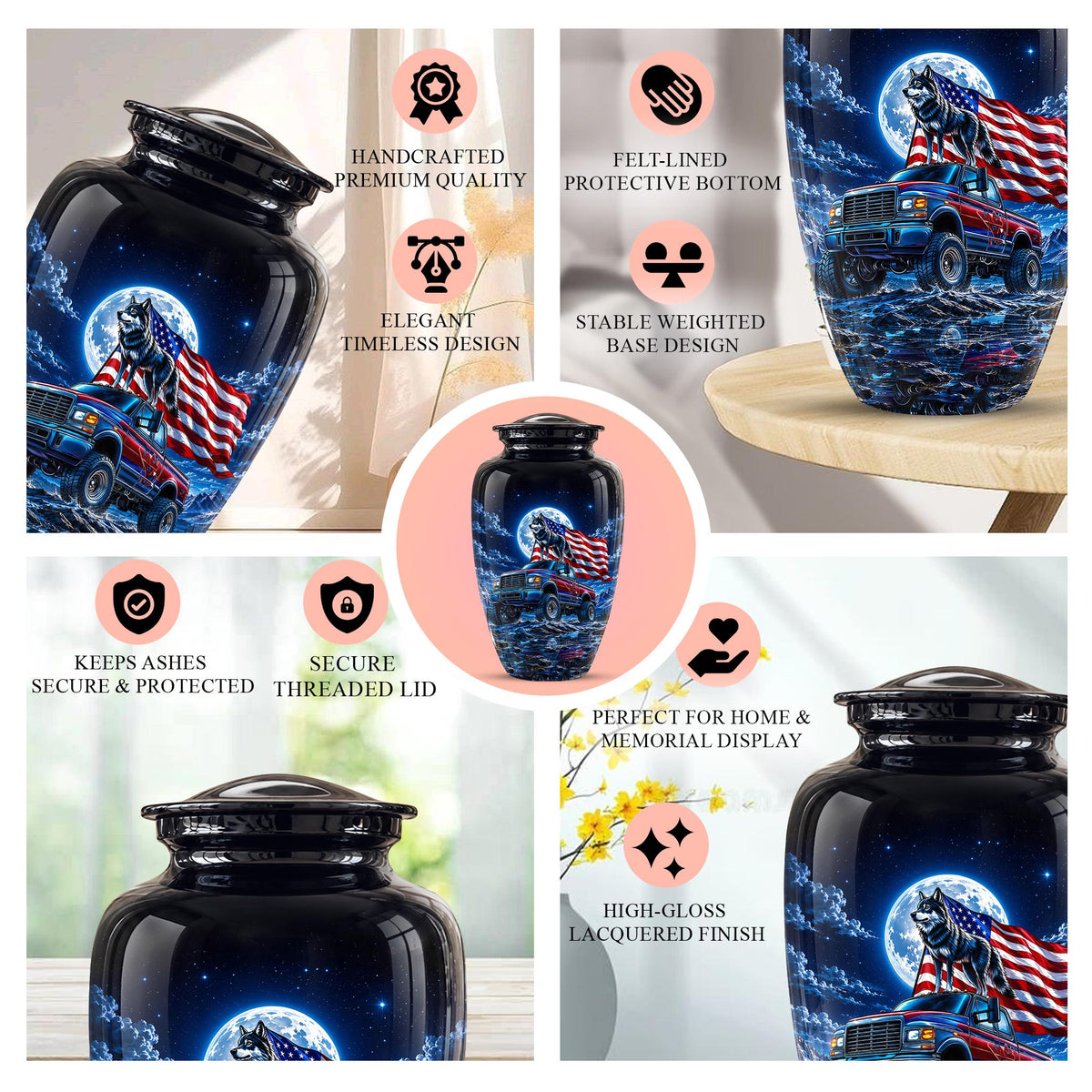Personalized  Wolf Truck Cremation Urn, Patriotic American Flag Memorial Tribute