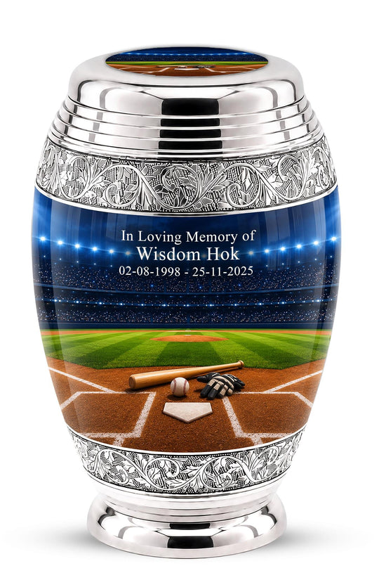 Baseball Cremation Urn for Ashes - Silver Baseball Glove and Bat Memorial Urn