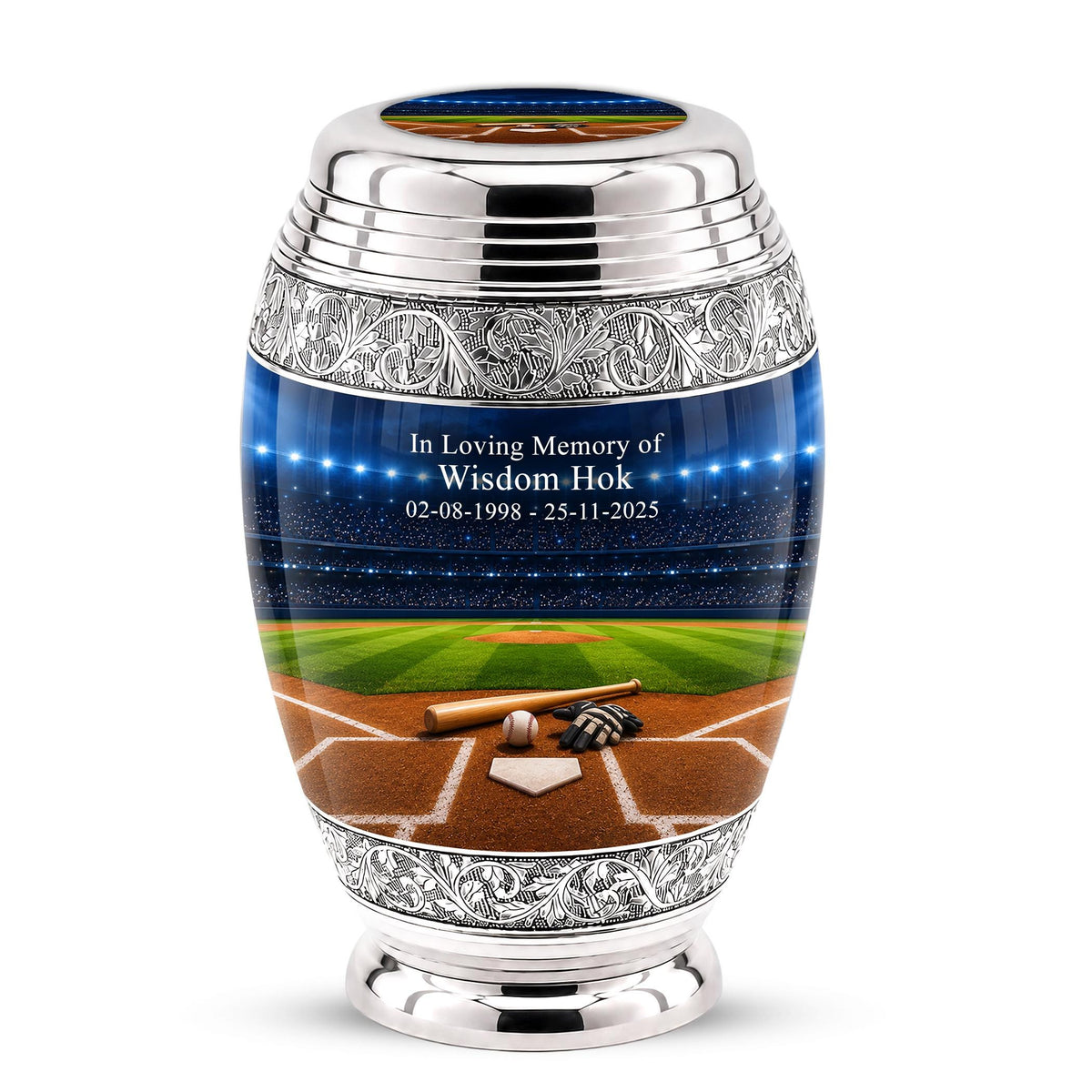 Baseball Cremation Urn for Ashes - Silver Baseball Glove and Bat Memorial Urn