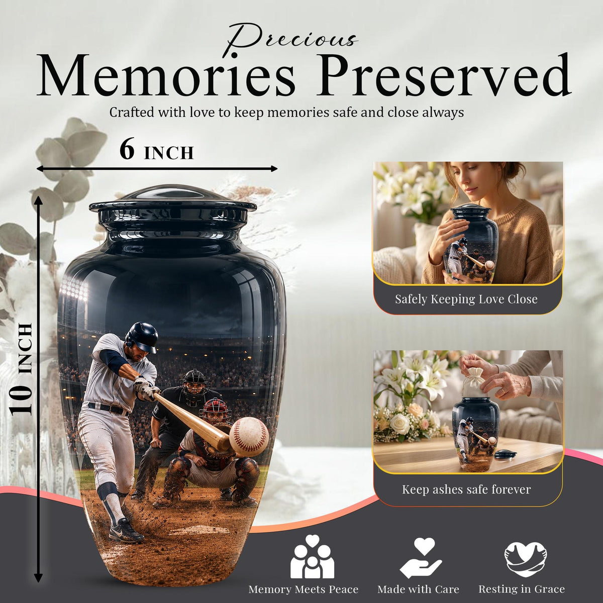 Baseball Cremation Urn for Ashes - Baseball Batter and Catcher Memorial Urn