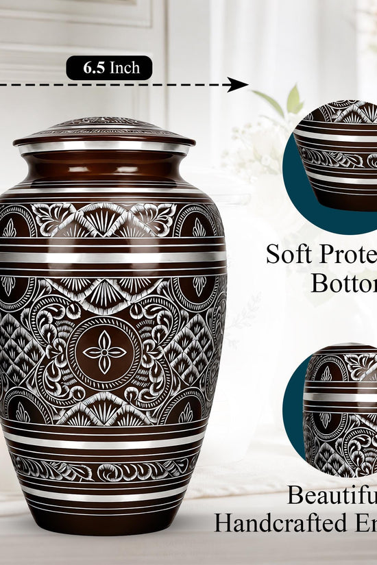 Brass Cremation Urn for Ashes - Black and Silver Engraved Memorial Urn