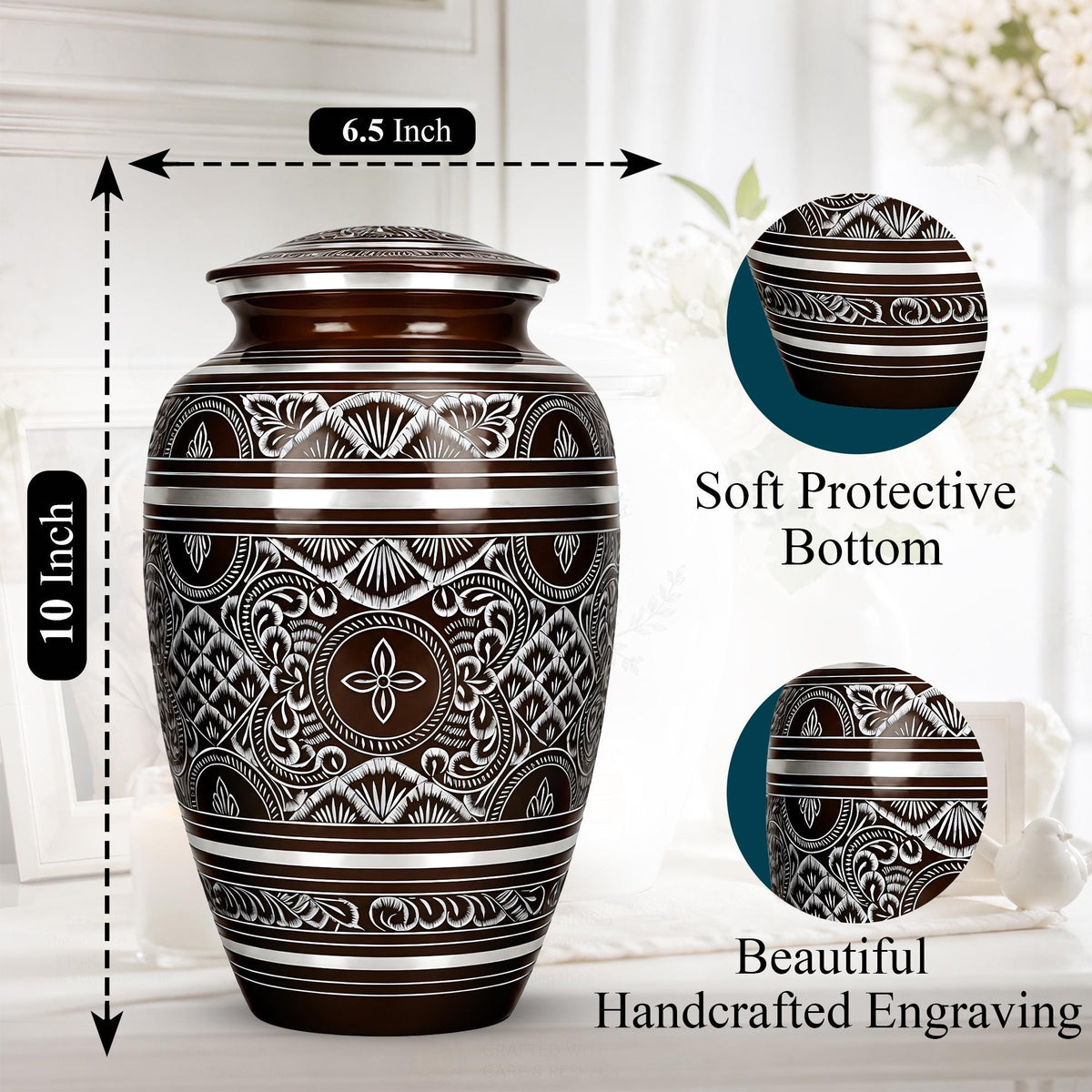 Brass Cremation Urn for Ashes - Black and Silver Engraved Memorial Urn