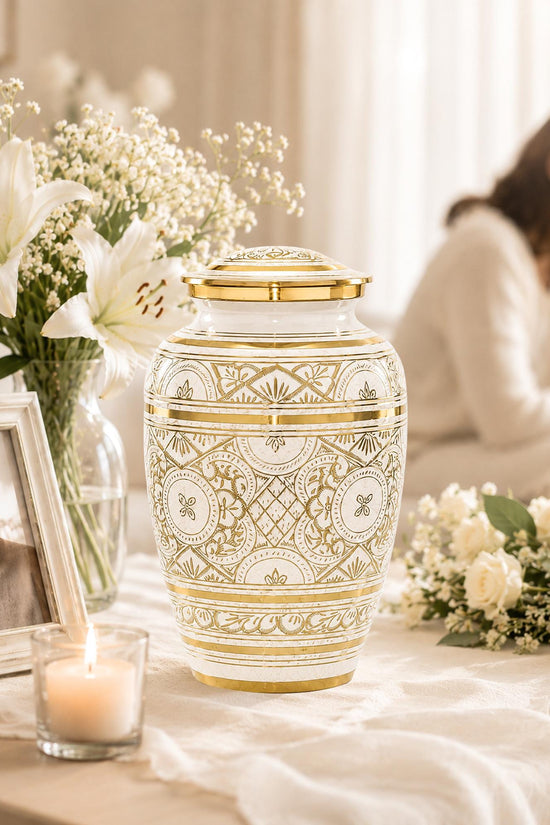 Ivory and Gold Brass Cremation Urn for Ashes - White Ornamental Memorial Urn