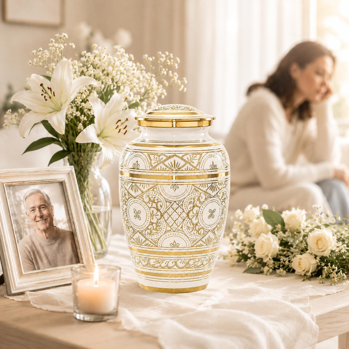 Ivory and Gold Brass Cremation Urn for Ashes - White Ornamental Memorial Urn