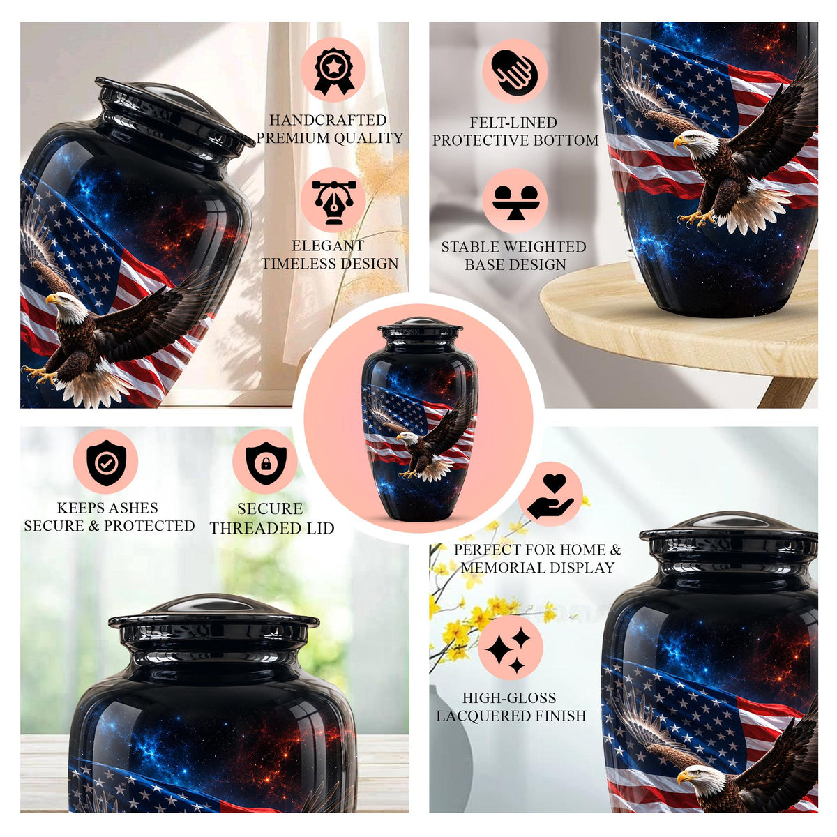 American Flag Eagle Cremation Urn for Ashes - Patriotic Bald Eagle Memorial Urn