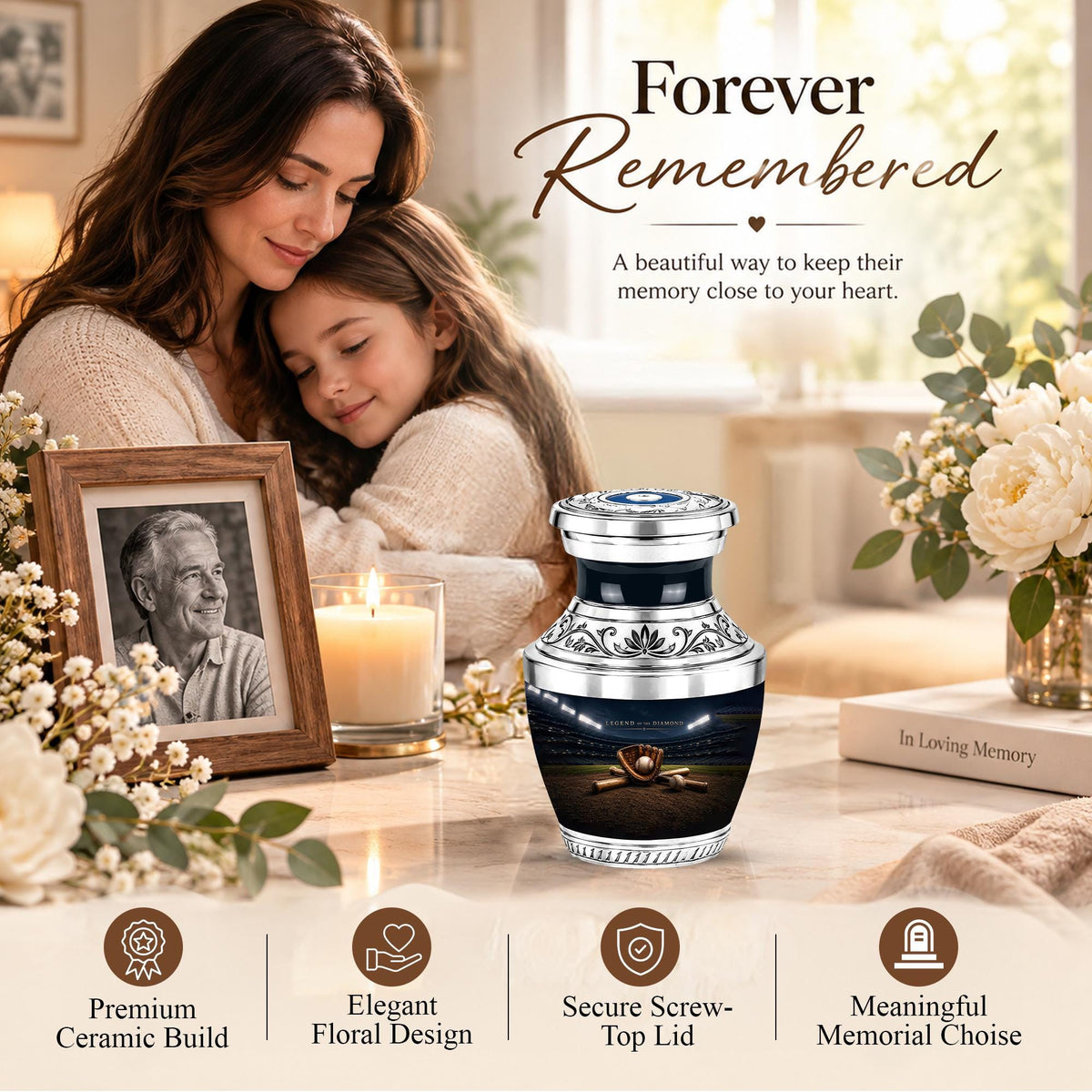 Baseball Glove Cremation Urn for Ashes - Silver Baseball Memorial Urn