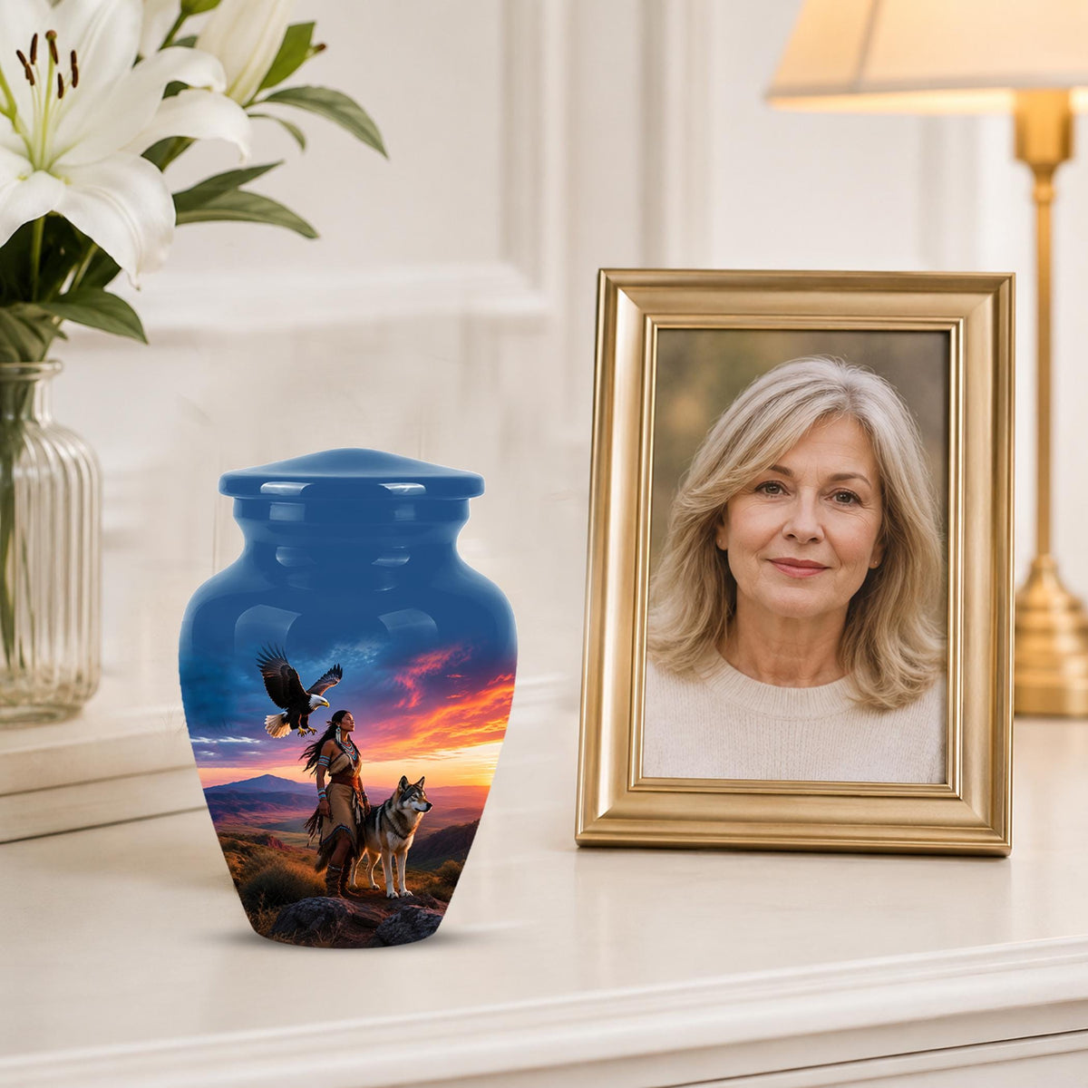 Personalized Native American Cremation Urn for Ashes - Eagle & Wolf Memorial Urn, Custom Human Ashes Urn, Spiritual Funeral Urn