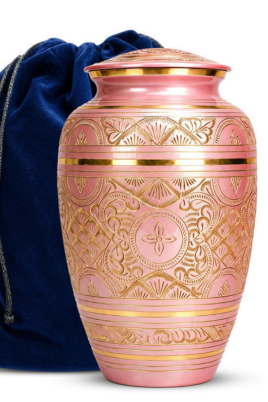 Pink and Gold Brass Cremation Urn for Ashes - Rose Gold Ornamental Memorial Urn