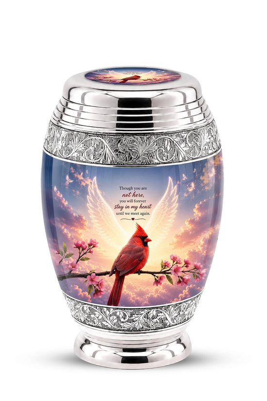 Personalized Cardinal Cremation Urn, Angel Wings - Pink Blossoms, Silver Tone (Custom Engraving)