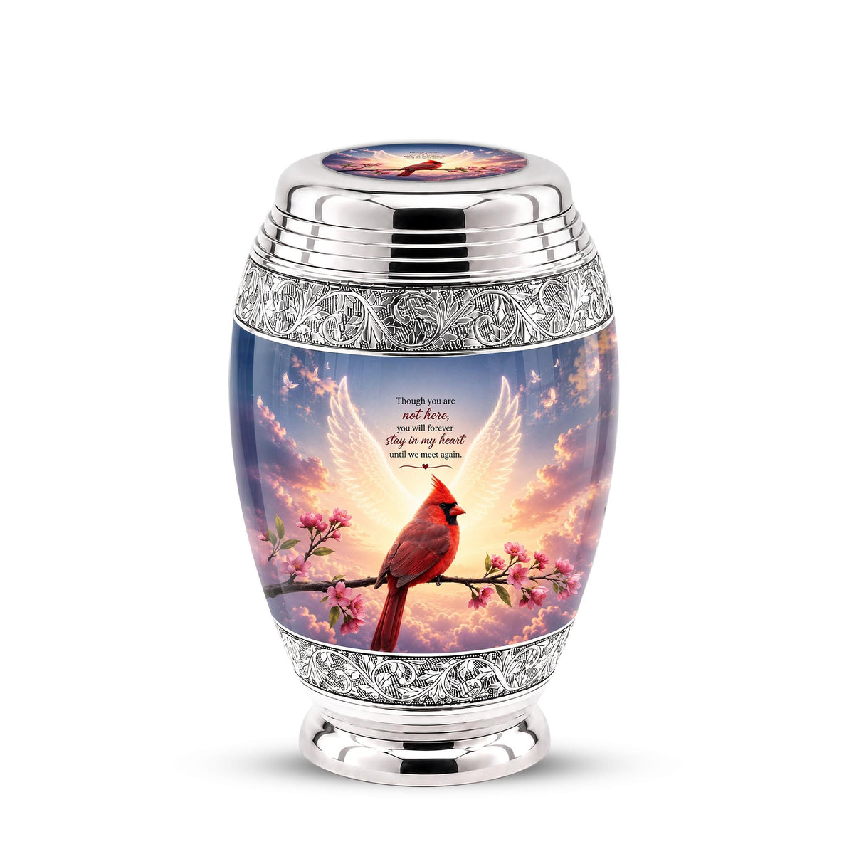 Personalized Cardinal Cremation Urn, Angel Wings - Pink Blossoms, Silver Tone (Custom Engraving)