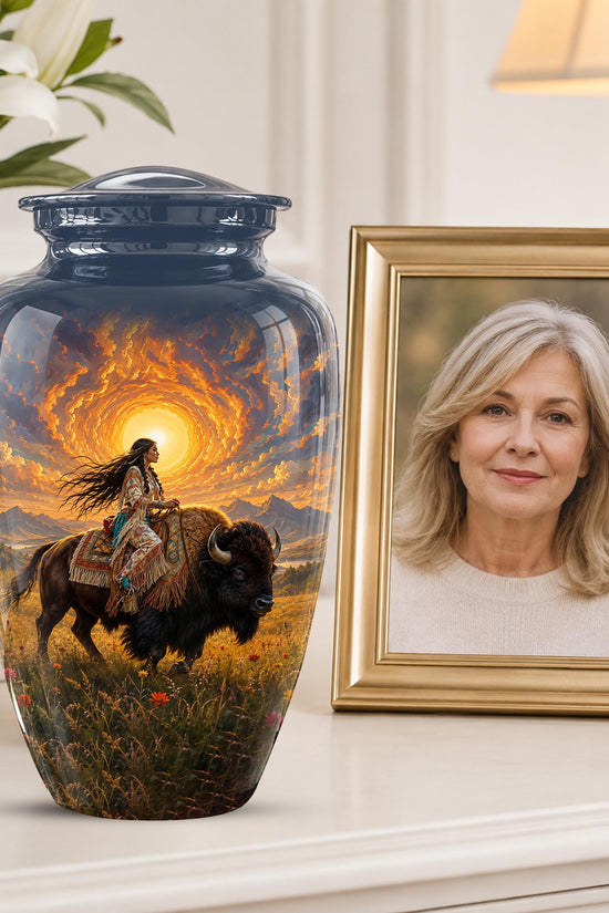 Personalized Native American Cremation Urn for Ashes - Buffalo Bison Memorial Urn