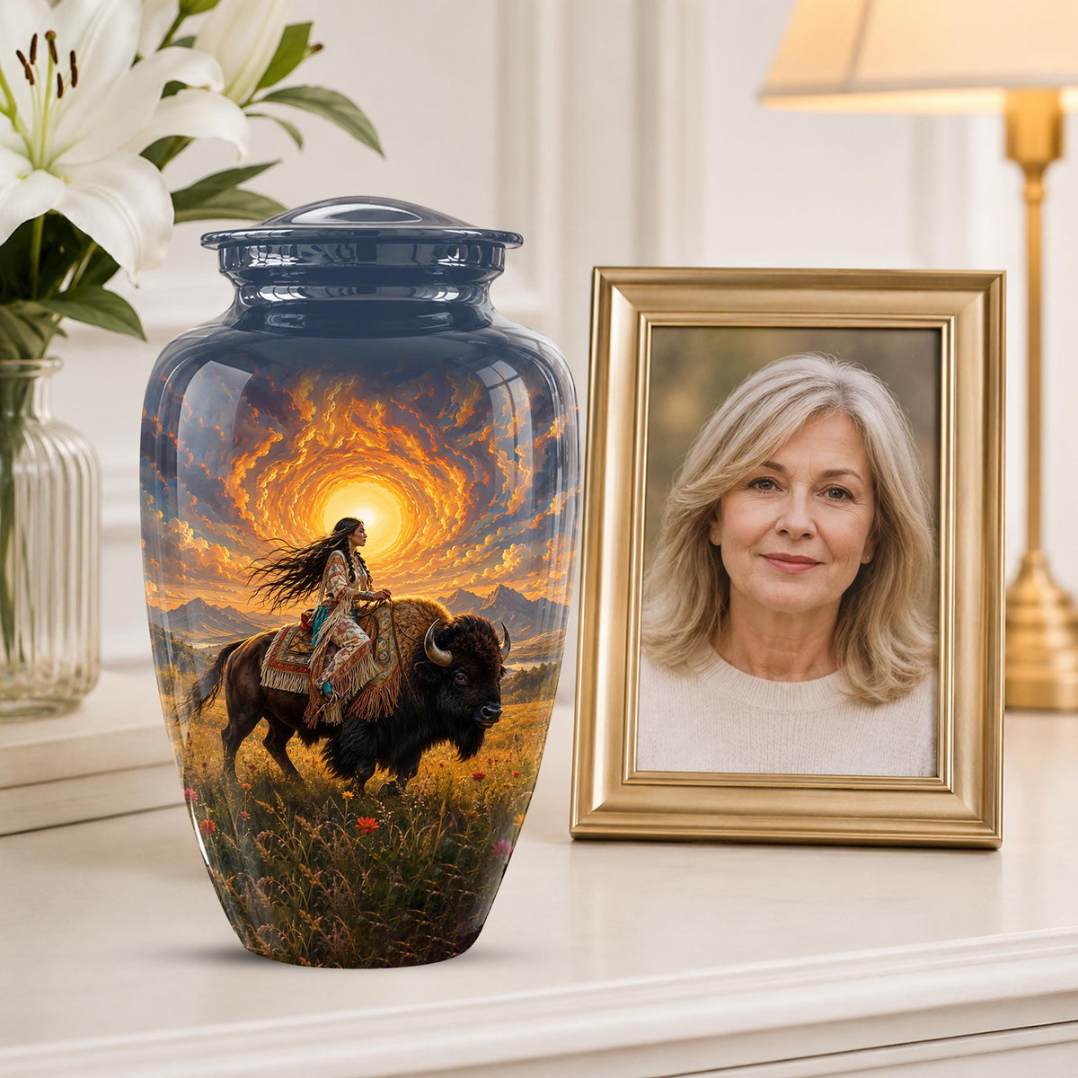 Personalized Native American Cremation Urn for Ashes - Buffalo Bison Memorial Urn