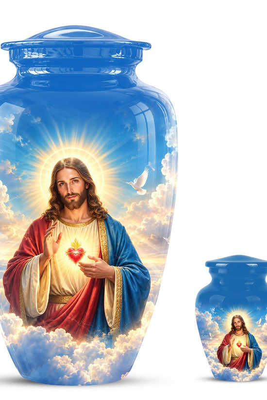Personalized Sacred Heart of Jesus Cremation Urn for Ashes, Christian Memorial Urn - Catholic Jesus Christ Tribute Urn, Blue Religious Urn