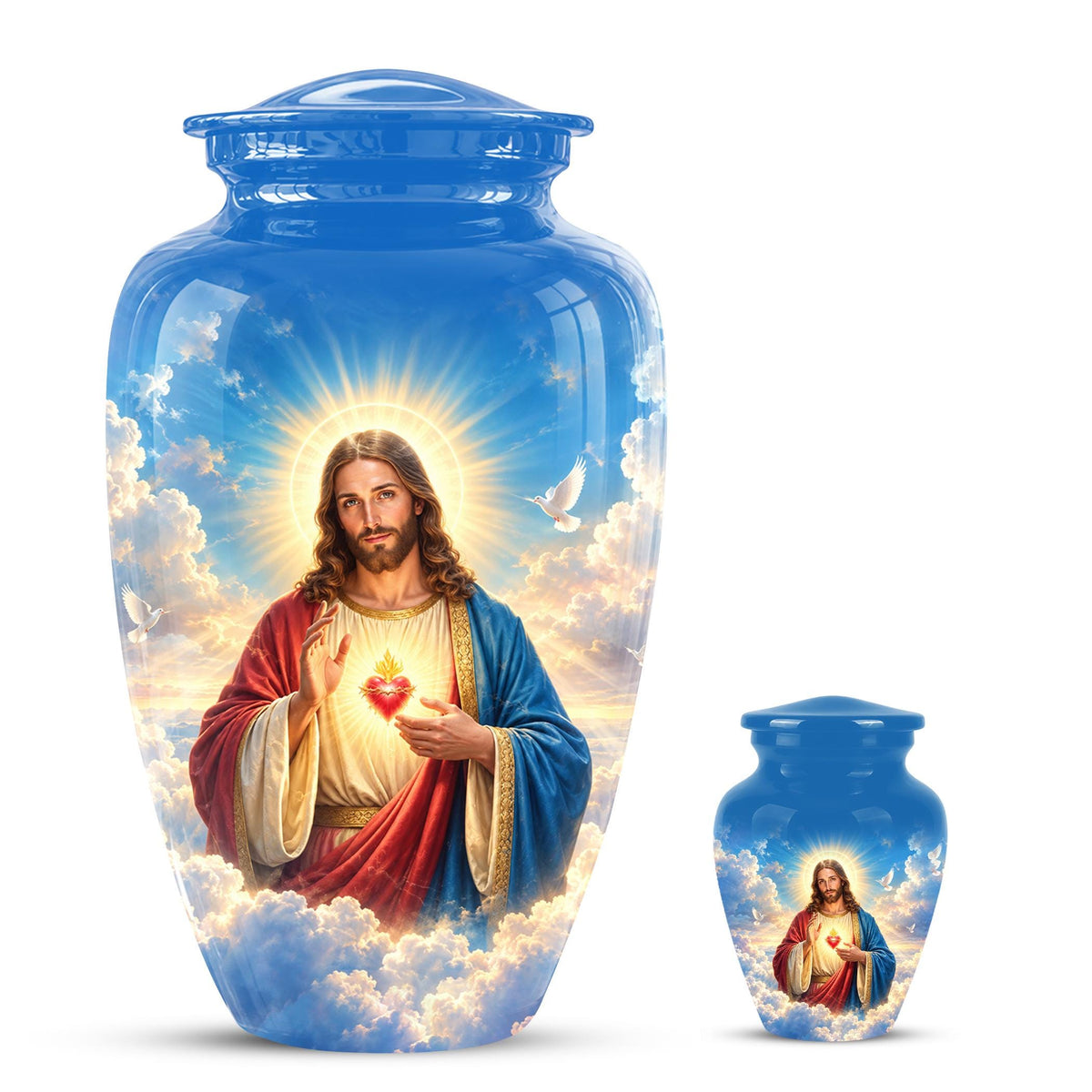 Personalized Sacred Heart of Jesus Cremation Urn for Ashes, Christian Memorial Urn - Catholic Jesus Christ Tribute Urn, Blue Religious Urn
