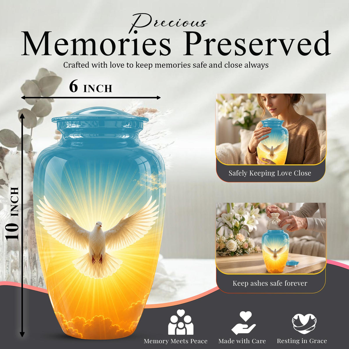Personalized White Dove Cremation Urn for Ashes - Golden Sunset Dove Memorial Urn, Heavenly Light