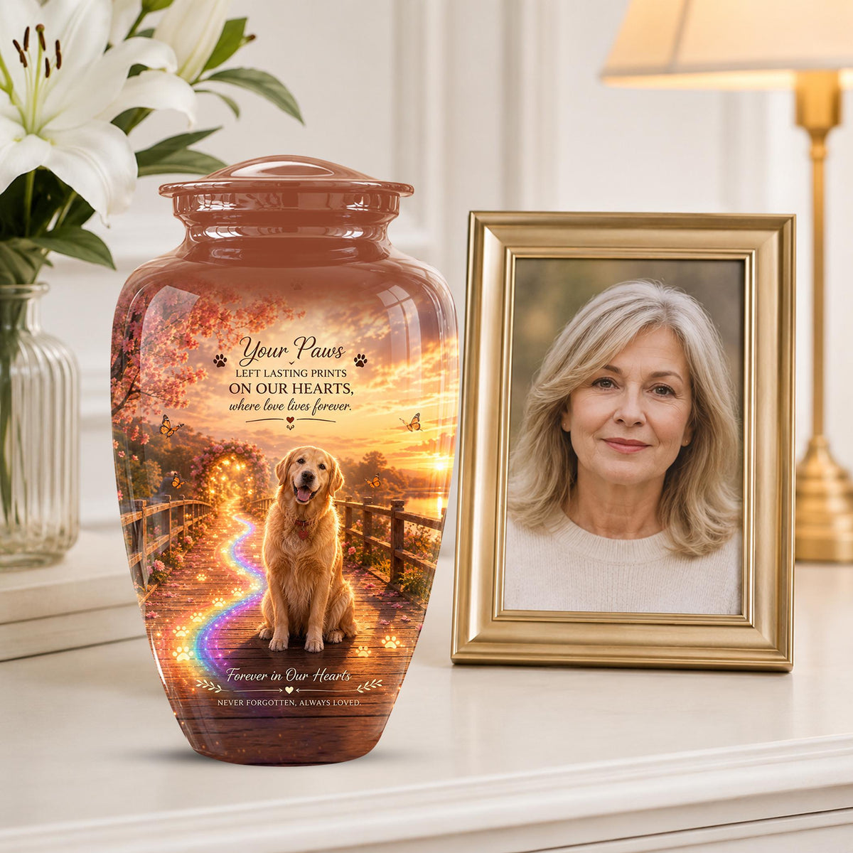 Personalized Dog Cremation Urn, Pet Memorial Urn - Keepsake Sunset Landscape Artwork