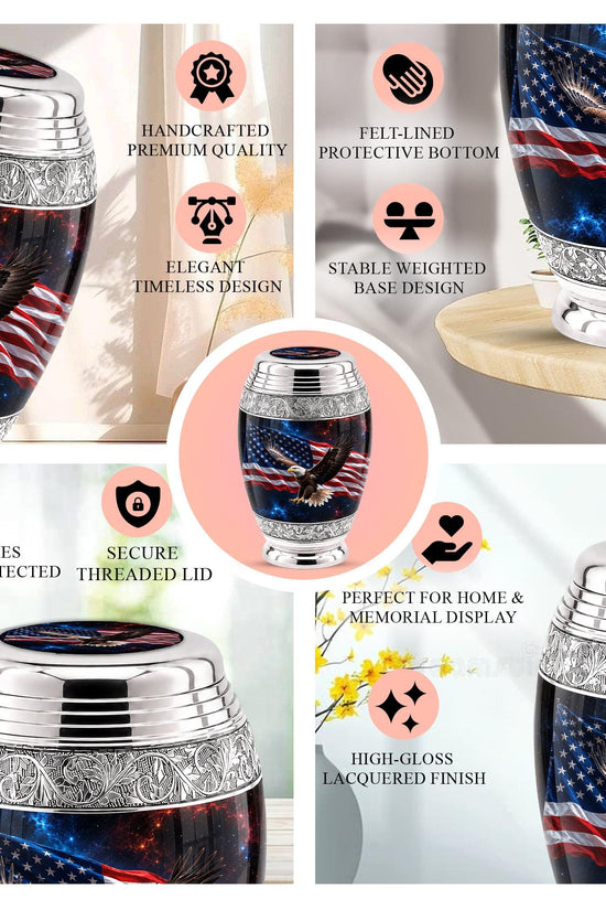 American Flag Eagle Cremation Urn for Ashes - Silver Patriotic Bald Eagle Memorial Urn