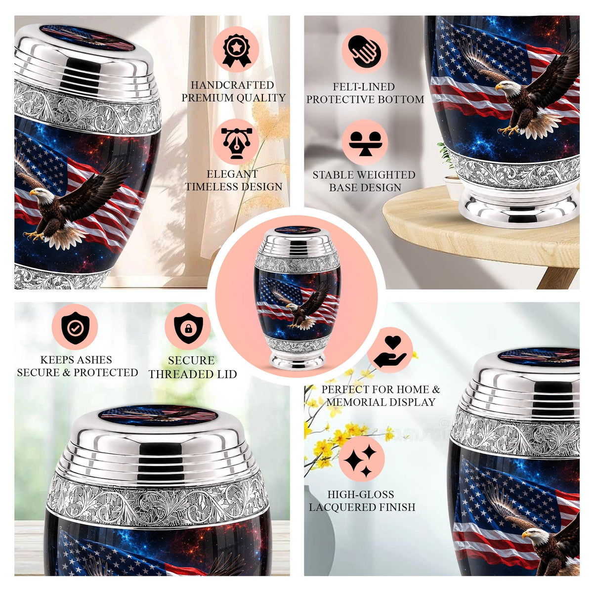 American Flag Eagle Cremation Urn for Ashes - Silver Patriotic Bald Eagle Memorial Urn