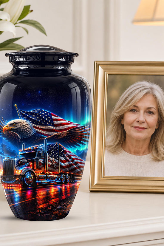 American Flag Truck Cremation Urn for Ashes - Bald Eagle and Semi Truck Memorial Urn