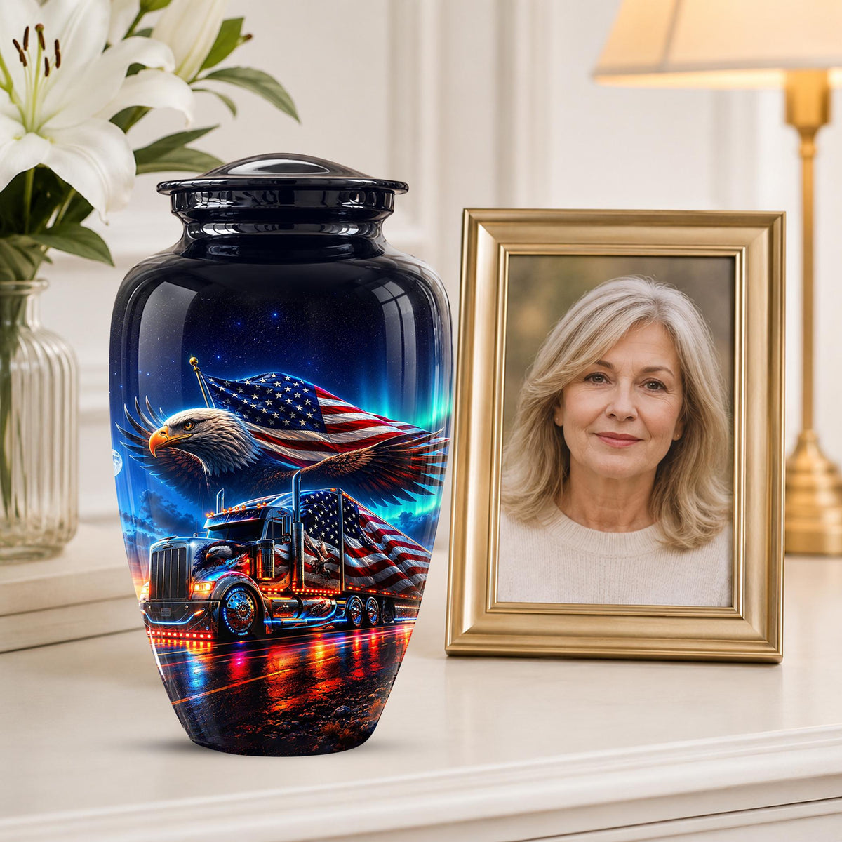 American Flag Truck Cremation Urn for Ashes - Bald Eagle and Semi Truck Memorial Urn