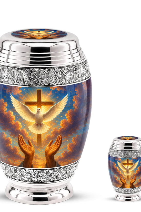 Personalized Christian Cremation Urn, Dove & Cross Memorial Ashes (Silver Tone)