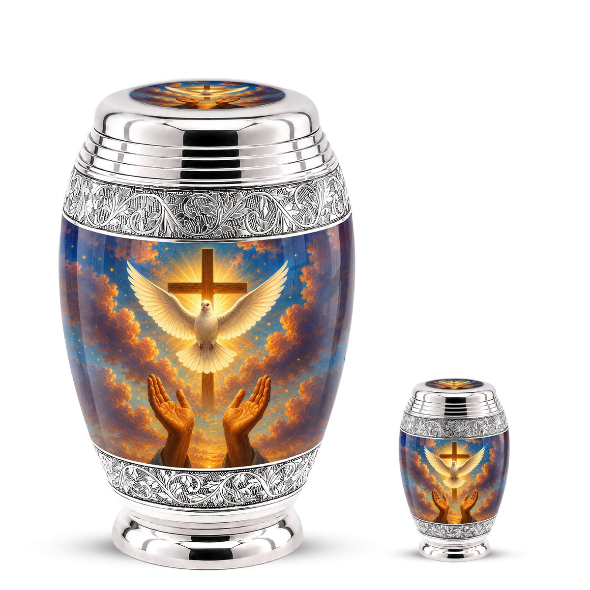 Personalized Christian Cremation Urn, Dove & Cross Memorial Ashes (Silver Tone)