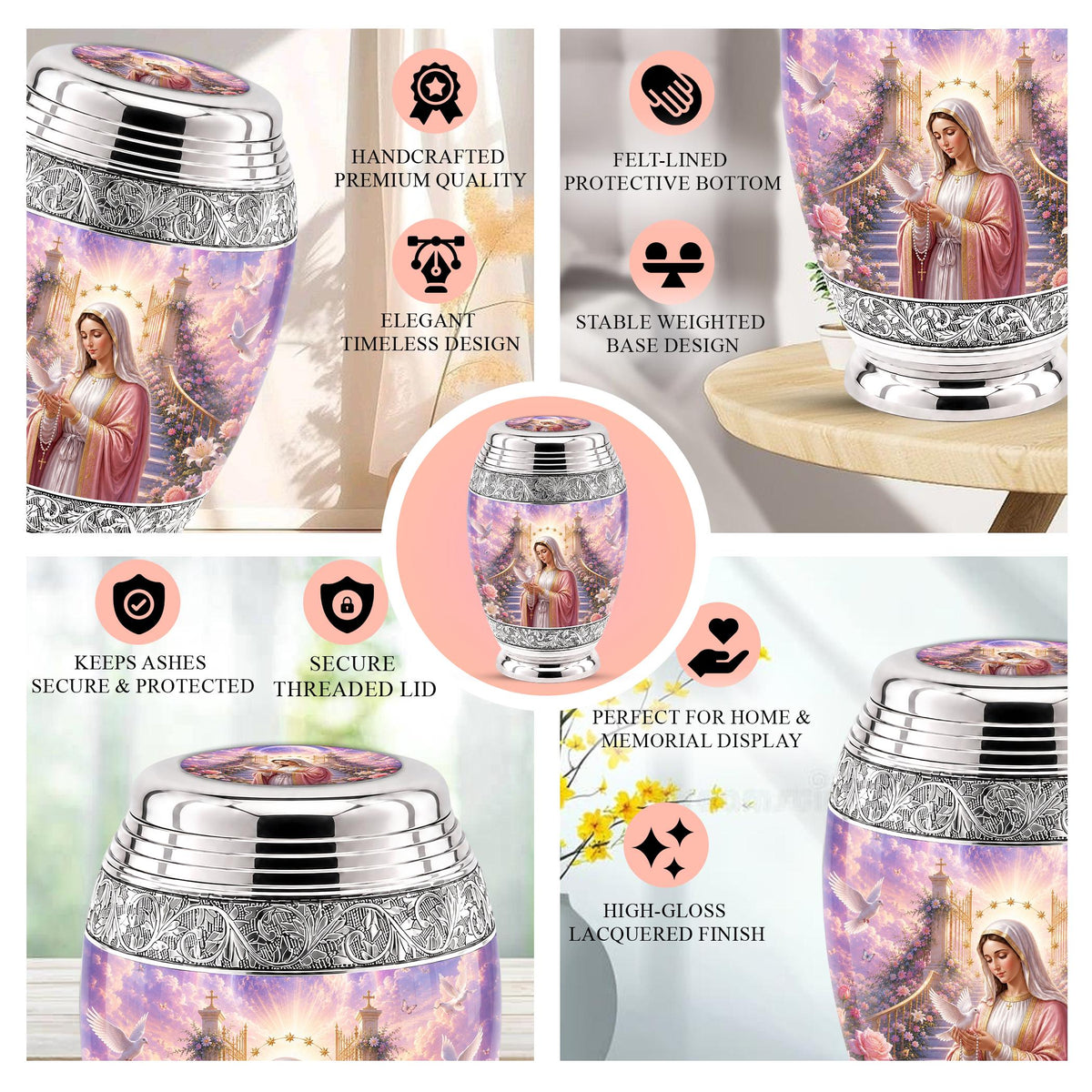 Personalized Mother Mary Cremation Urn, Catholic Memorial Ashes, Religious Funeral Urn