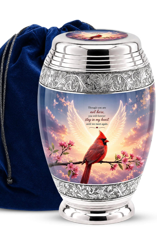 Personalized Cardinal Cremation Urn, Angel Wings - Pink Blossoms, Silver Tone (Custom Engraving)