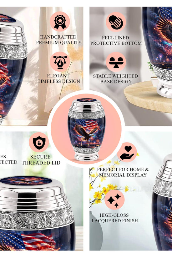 American Flag Eagle Cremation Urn for Ashes - Silver Patriotic Memorial Urn