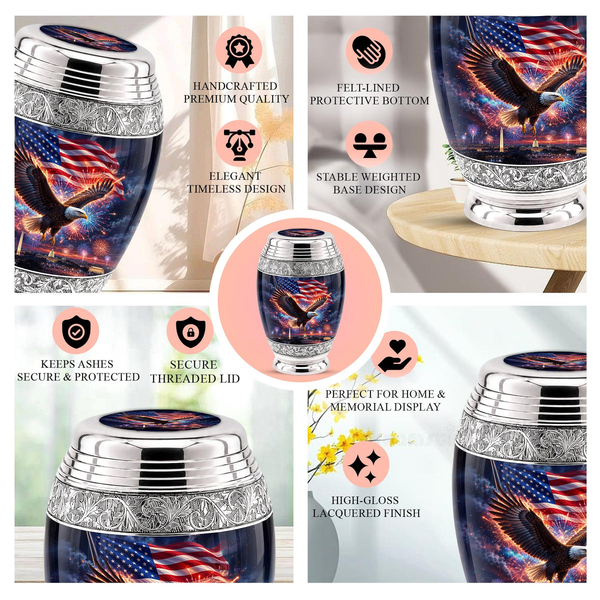 American Flag Eagle Cremation Urn for Ashes - Silver Patriotic Memorial Urn