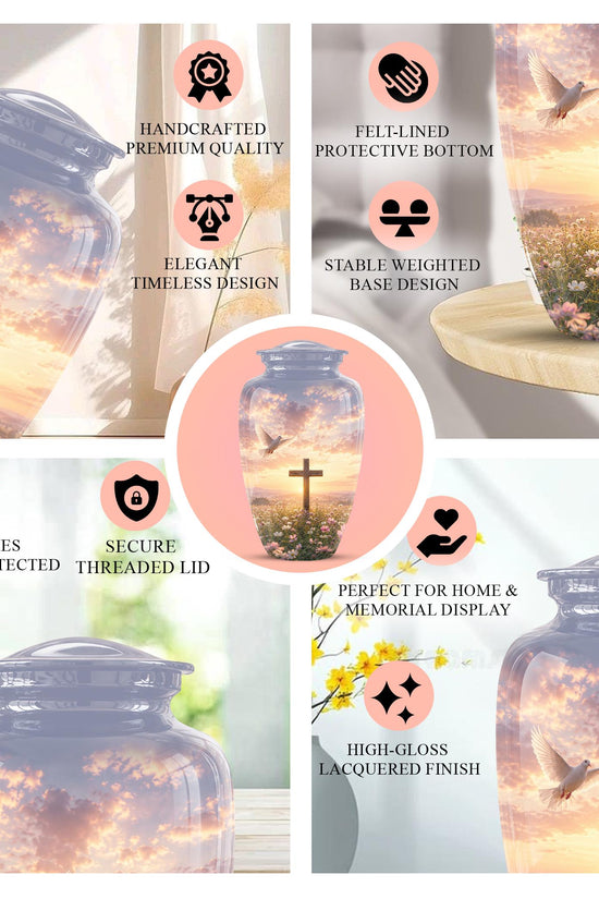 Personalized Christian Cross Urn | Dove, Sunrise, Wildflowers Memorial Keepsake