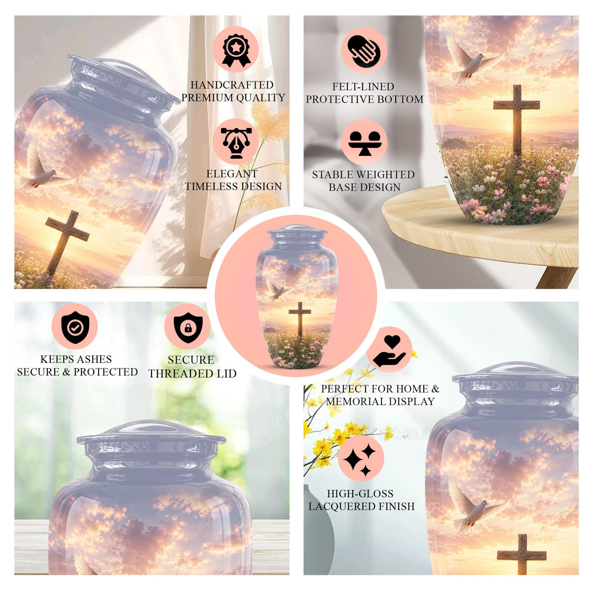 Personalized Christian Cross Urn | Dove, Sunrise, Wildflowers Memorial Keepsake
